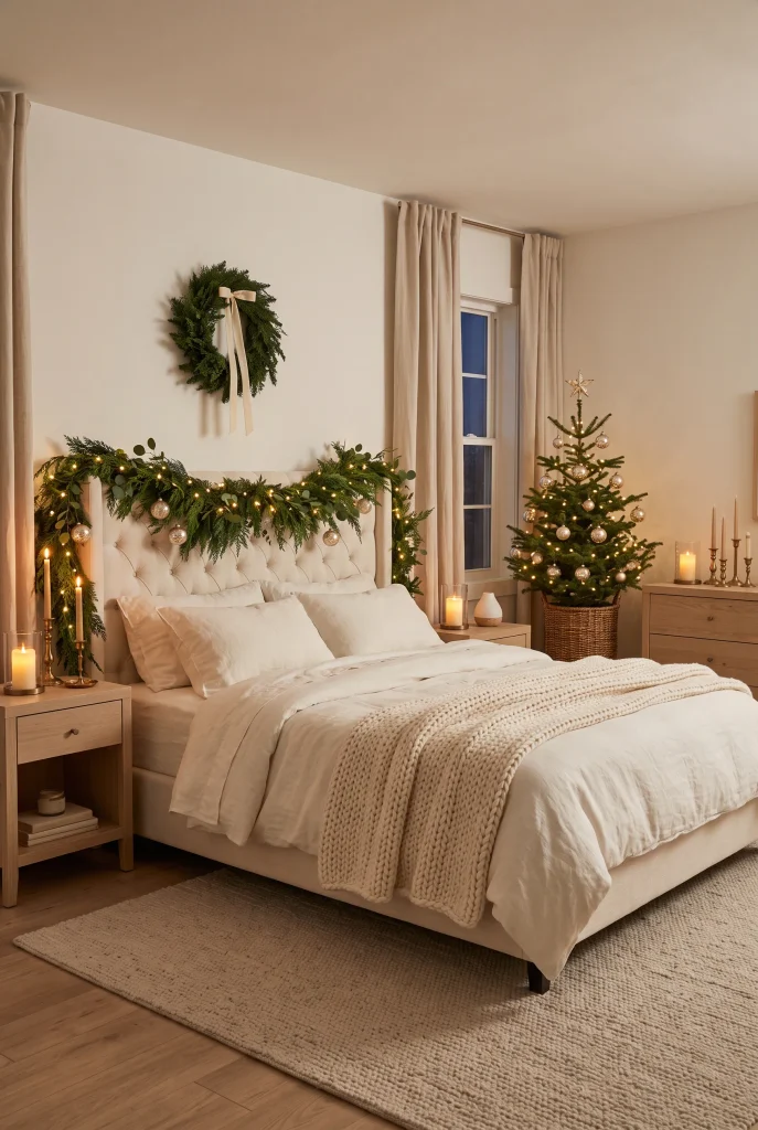 Christmas bedroom with warm candlelight-inspired lantern decor and evergreen greenery