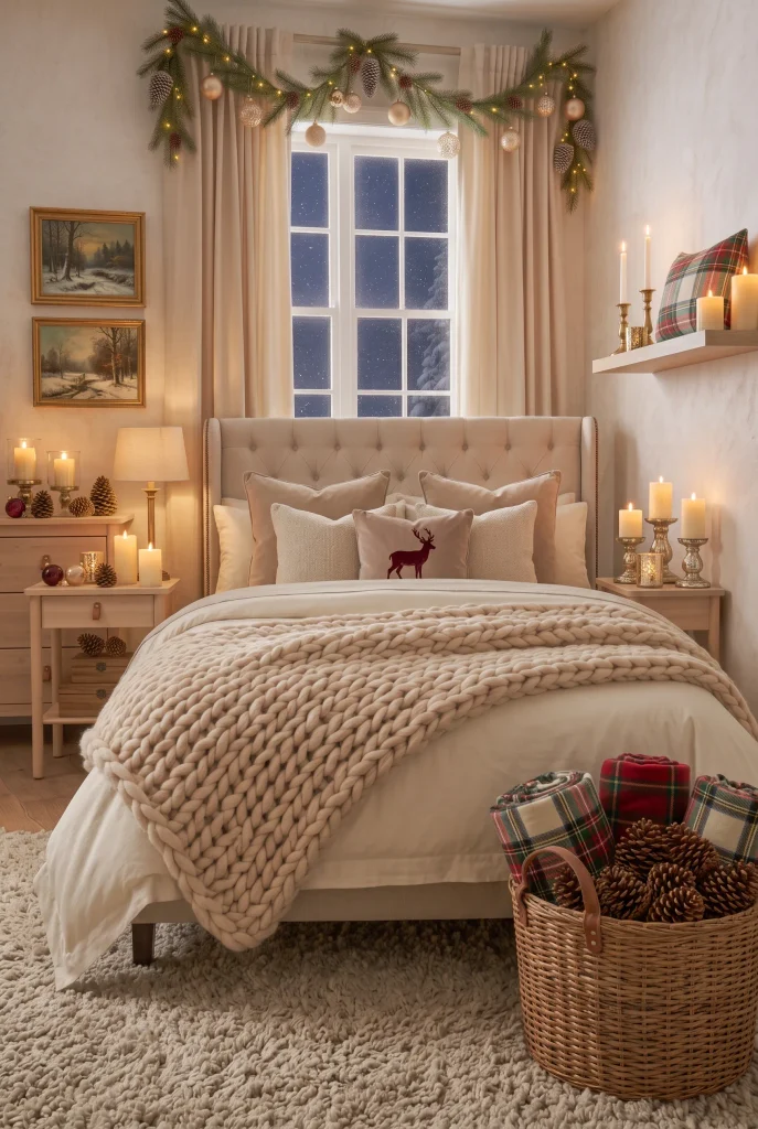 Christmas bedroom with warm LED candlelight, greenery, and cozy neutral bedding