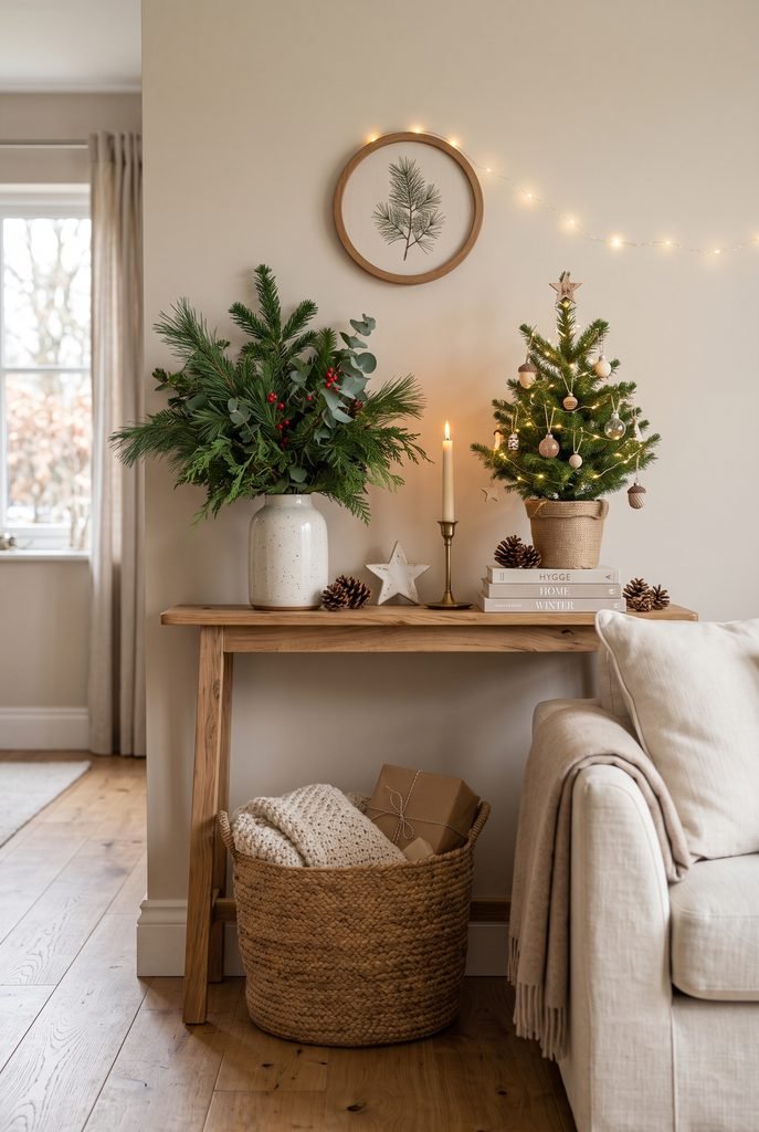 Christmas console table decorated with greenery, candles, and miniature tree