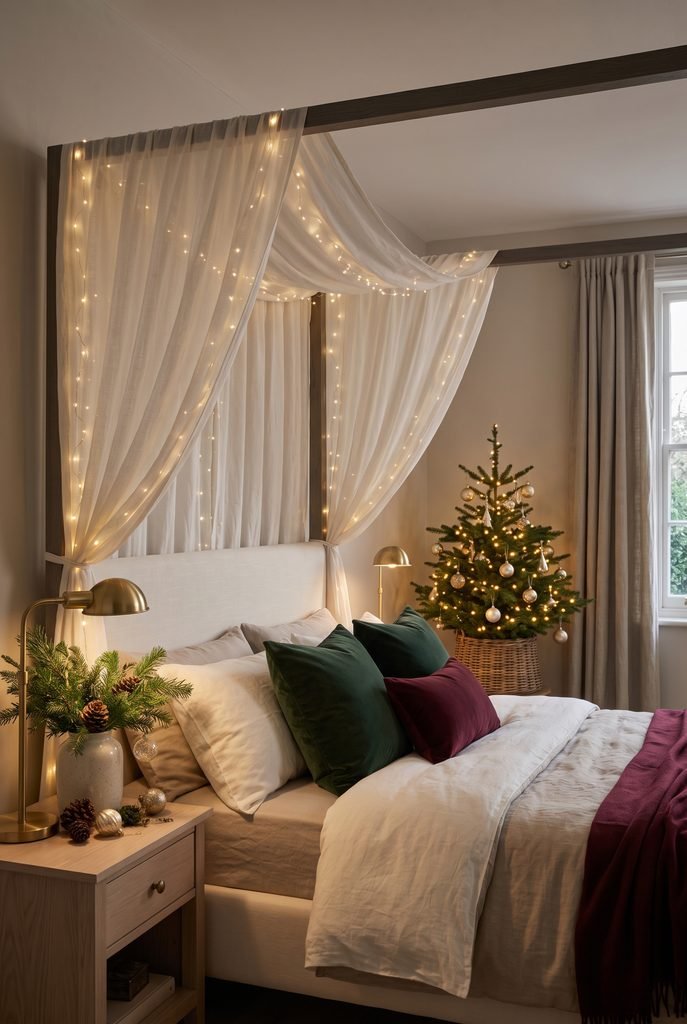 Warm Christmas lights woven around a fabric bed canopy