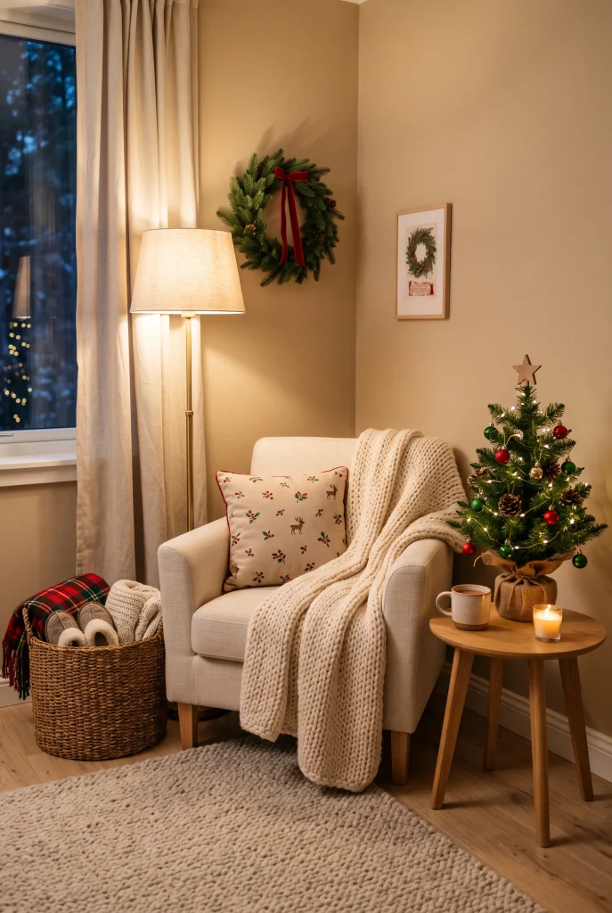 Cozy Christmas reading corner with an armchair, throw, and miniature tree