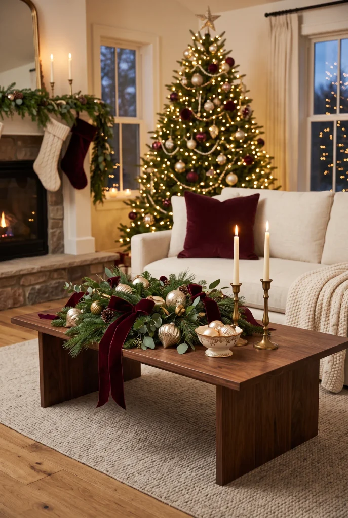 Elegant Christmas coffee table with burgundy velvet and brass accents