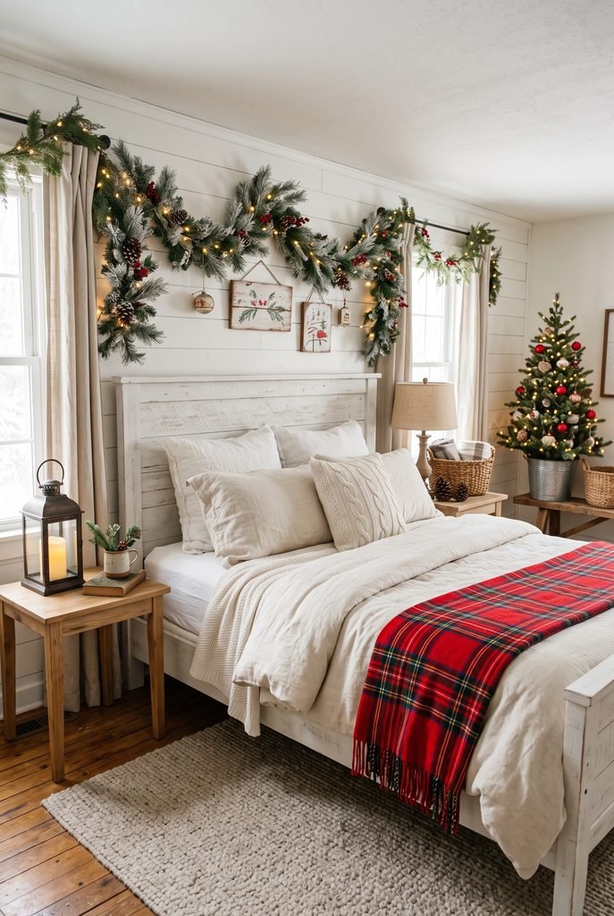 Farmhouse Christmas bedroom with red plaid bedding and rustic greenery