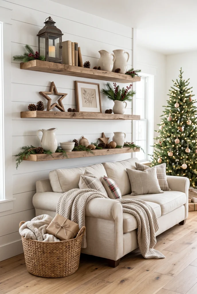 Farmhouse Christmas shelves styled with greenery, wooden stars, and neutral decor