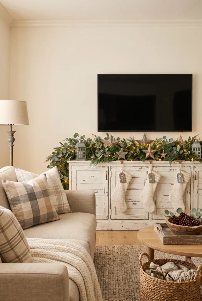 Farmhouse Christmas TV wall with greenery, rustic wood, lanterns, and cream stockings