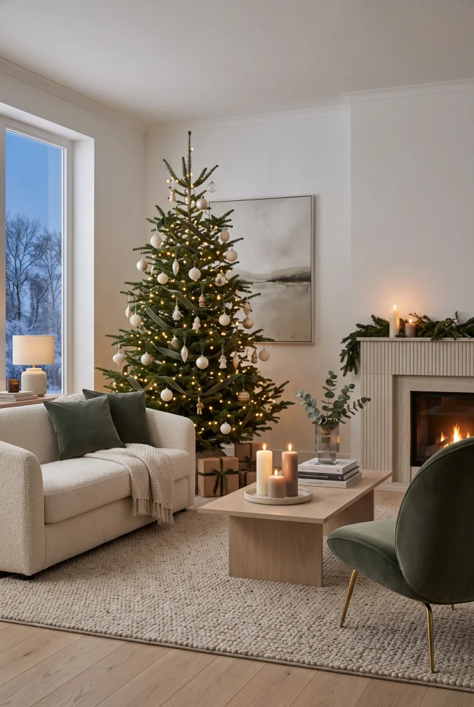 Modern Christmas living room with muted green velvet cushions and tree ribbon