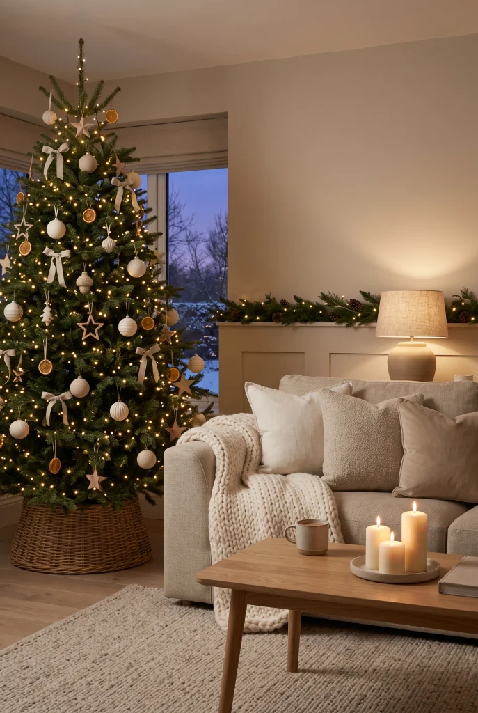 Cozy neutral Christmas living room glowing with warm white tree lights at dusk