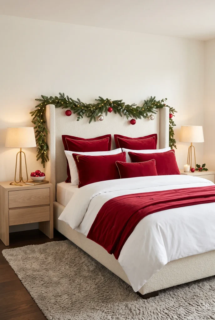 Christmas bedroom with white bedding, rich red velvet pillows, and a matching festive throw