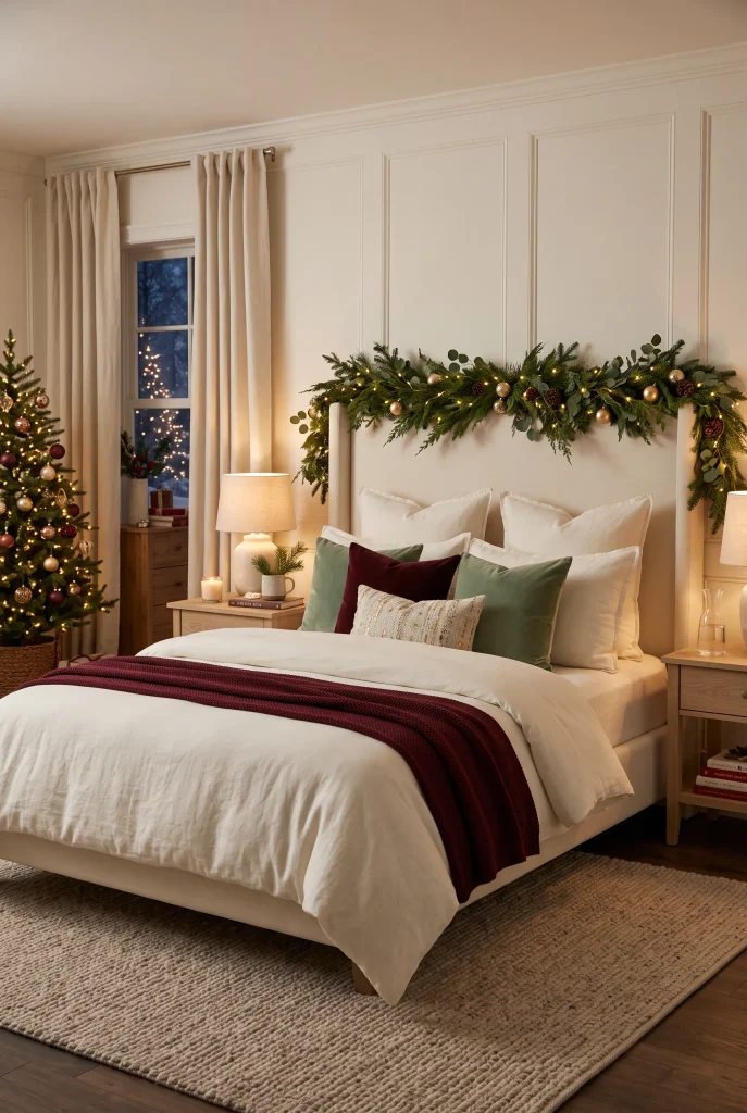 Red and white Christmas bed with festive pillows and plaid throw