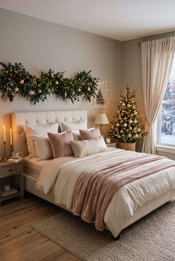 Romantic Christmas bedroom with ivory bedding, velvet accents, greenery, and warm lighting