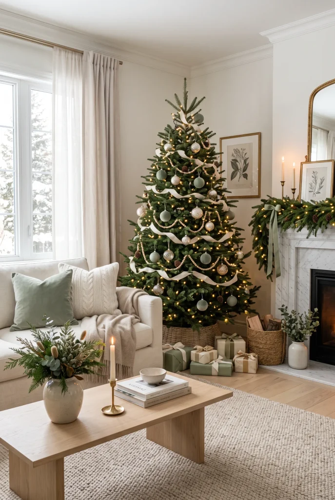 Soft sage and champagne Christmas living room with neutral furniture and greenery