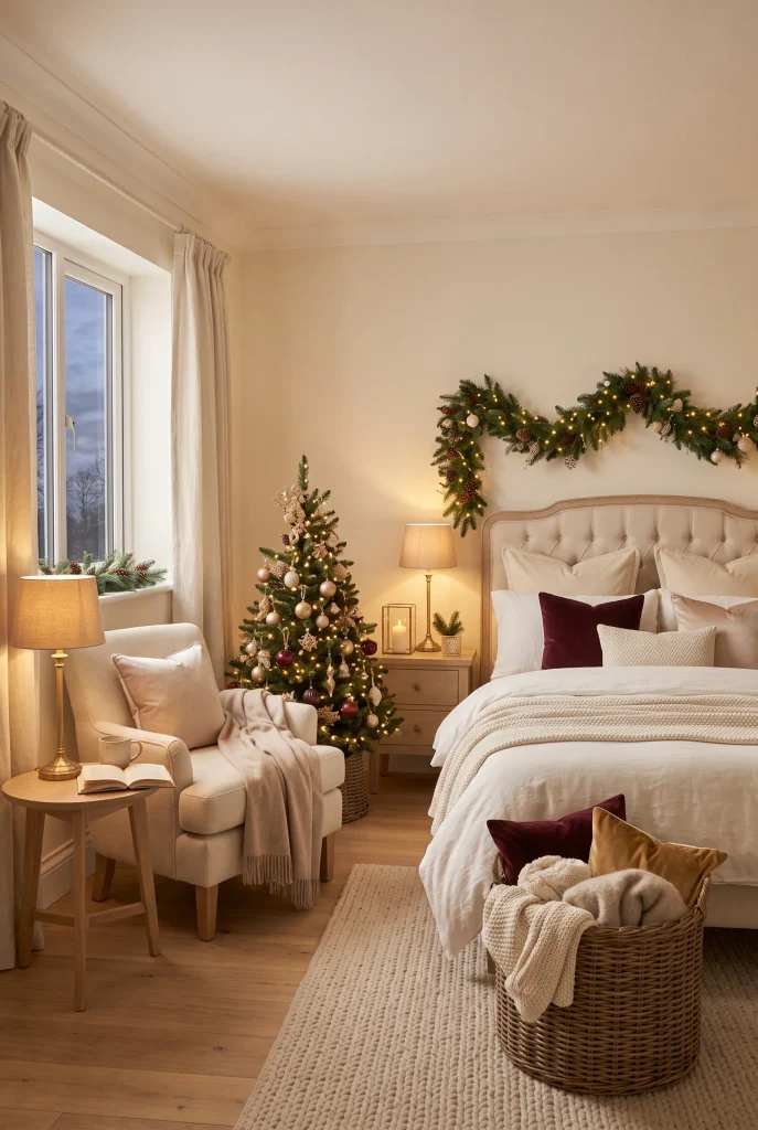 Cozy Christmas bedroom reading corner with armchair, small tree, and evergreen decor