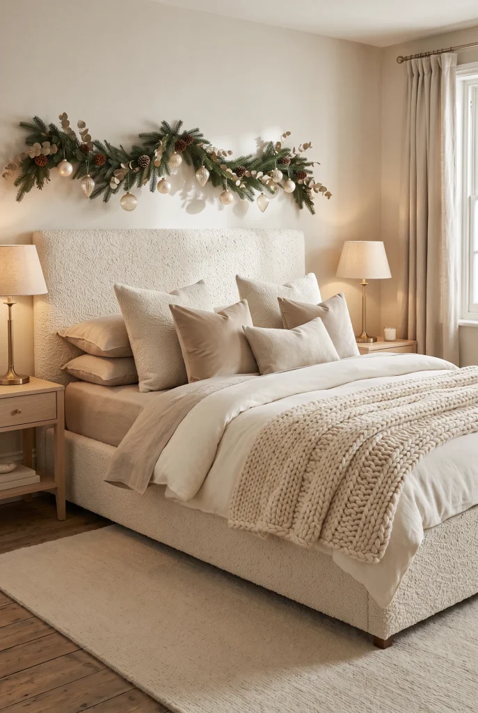 Textured neutral Christmas bedroom with boucle and knitted fabrics