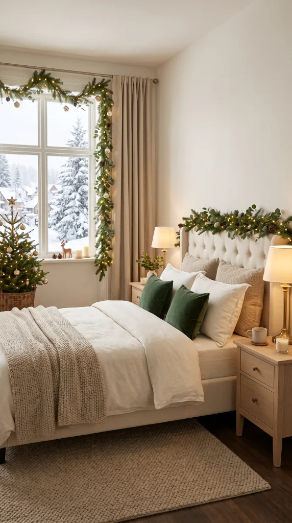 Christmas bedroom window decorated with evergreen garland, warm lights, and ornaments