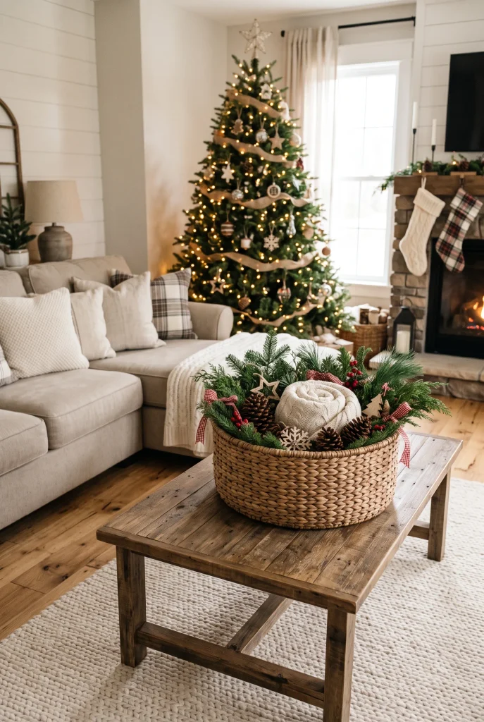 Rustic Christmas coffee table with a woven basket filled with greenery