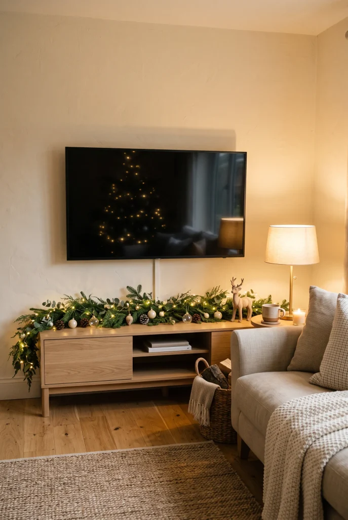 Cozy Christmas TV wall decorated with evergreen garland and warm white fairy lights