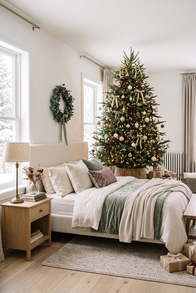 Christmas bedroom featuring a tall decorated tree beside a cream upholstered bed
