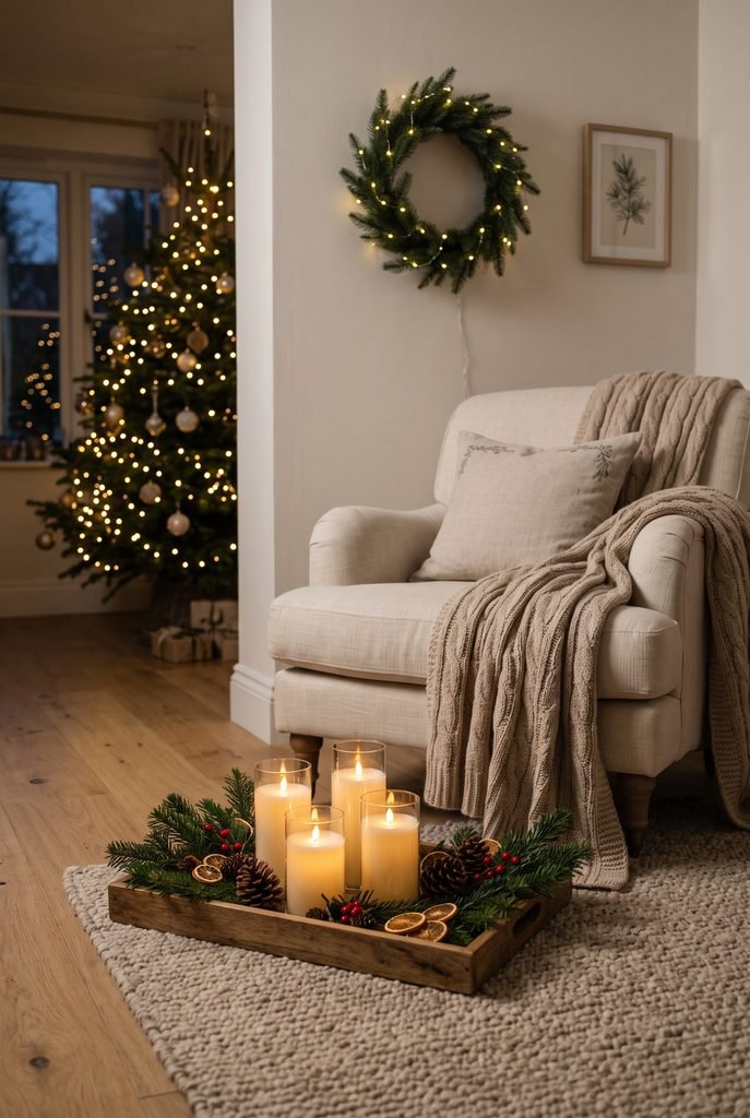 Christmas living room corner decorated with glowing candles and evergreen branches