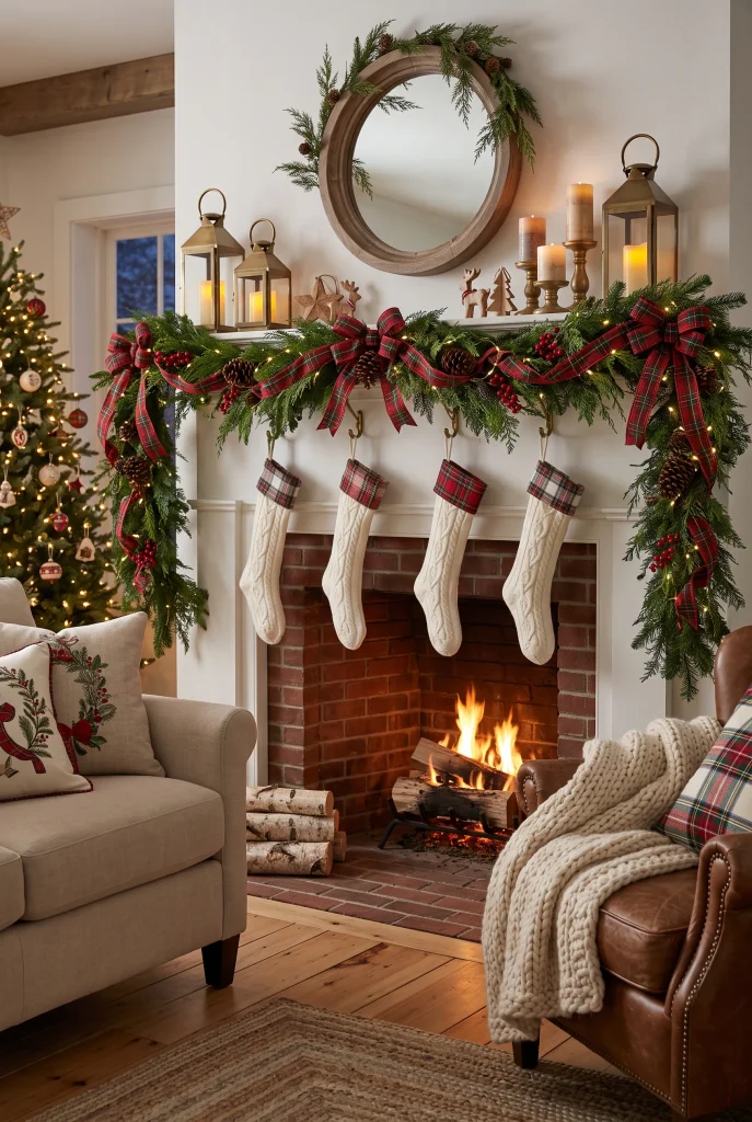 Cozy plaid Christmas mantel with evergreen garland, red plaid ribbon, stockings, and warm lights
