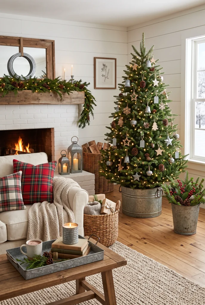 Farmhouse Christmas living room with galvanized metal accents and evergreen decor
