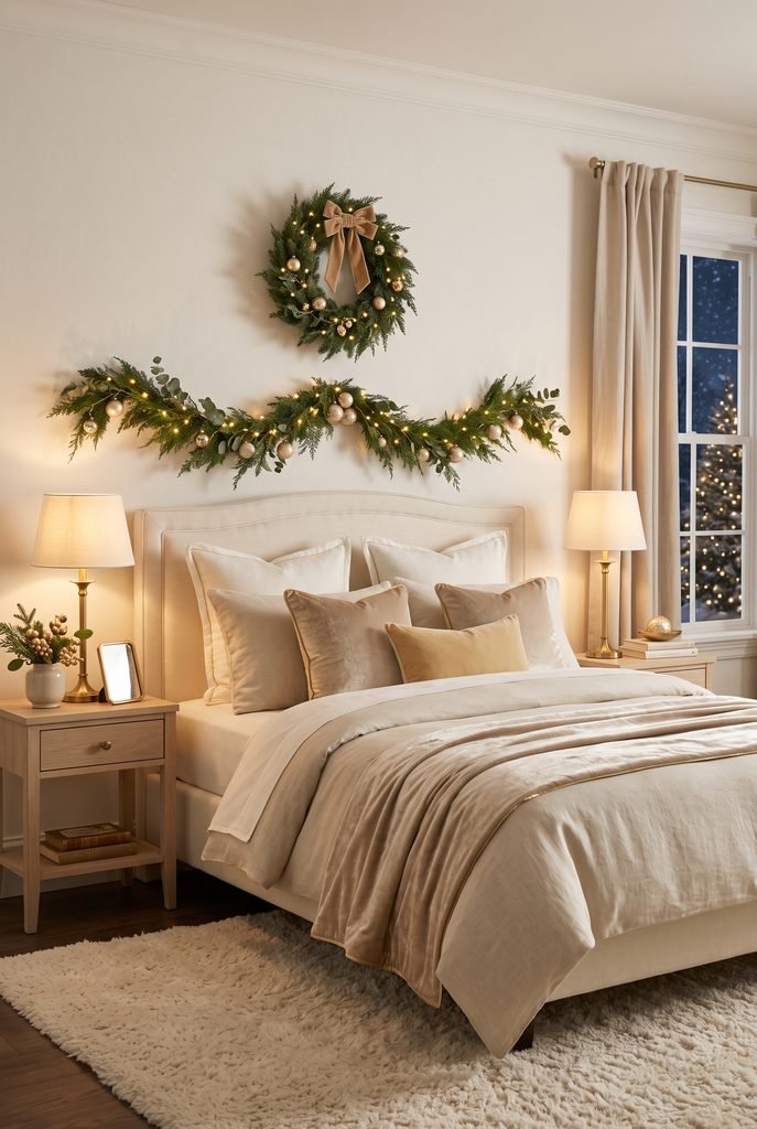 Elegant Christmas bedroom decorated in champagne, gold, cream, and evergreen