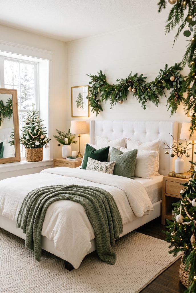 Green and white Christmas bedroom with forest green pillows, evergreen garland, and soft bedding