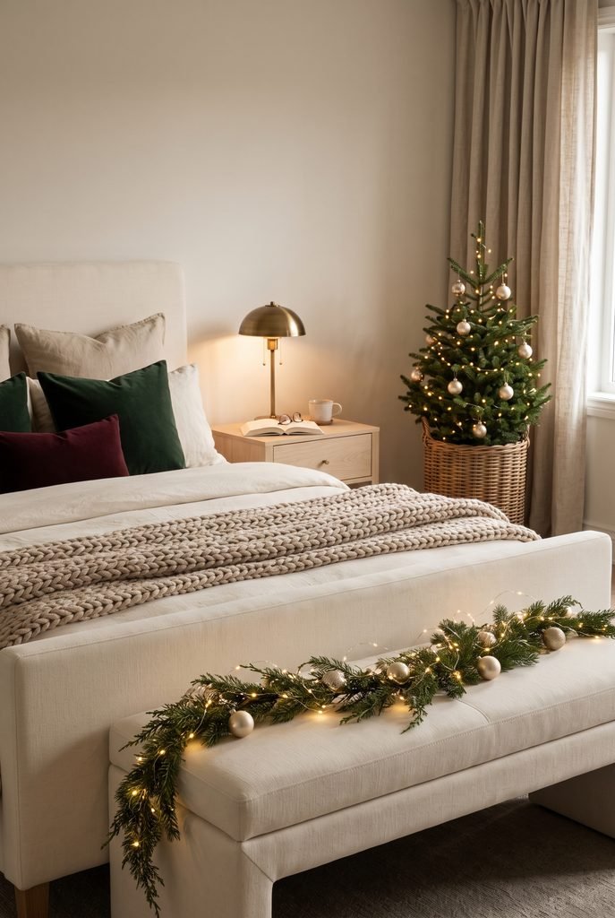 Christmas lights decorating an evergreen garland on a bedroom bench