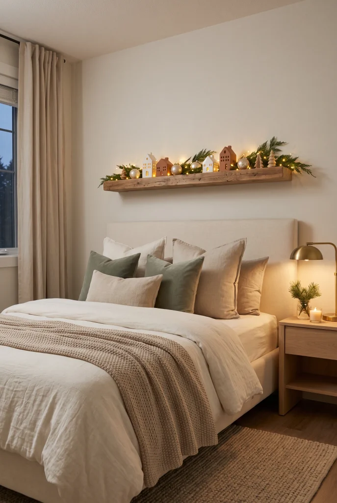 Warm fairy lights decorating a wooden bedroom shelf with Christmas accents