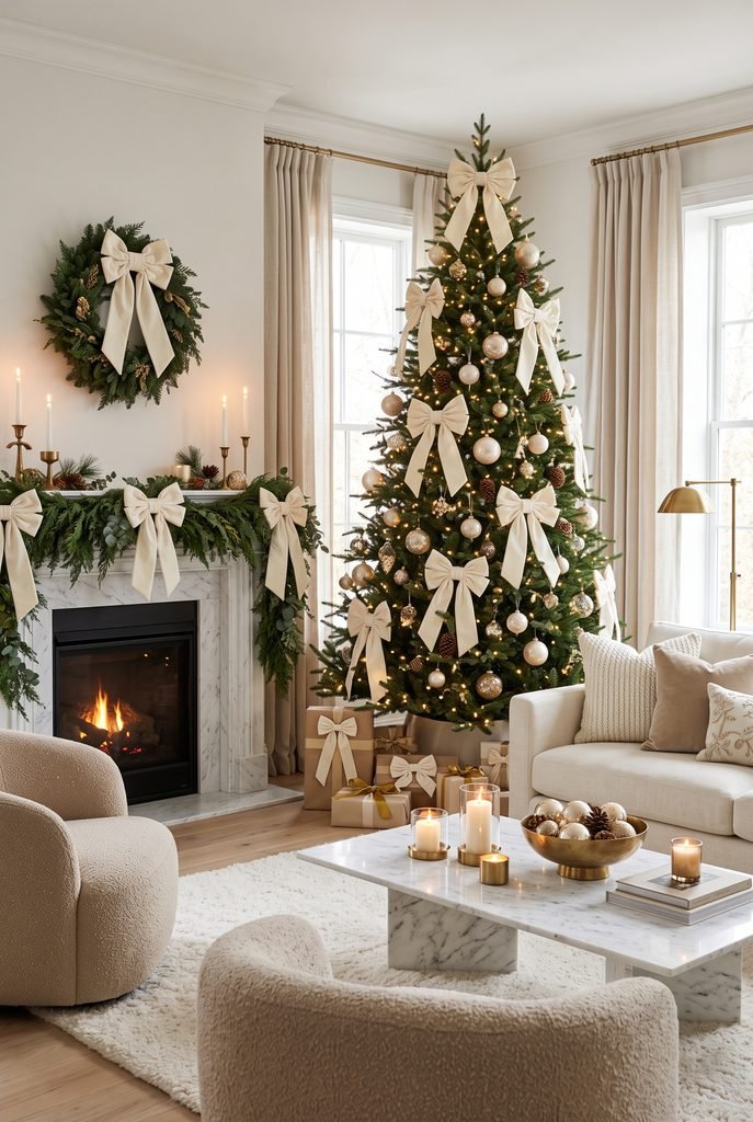 Luxury Christmas tree decorated with oversized ivory velvet bows