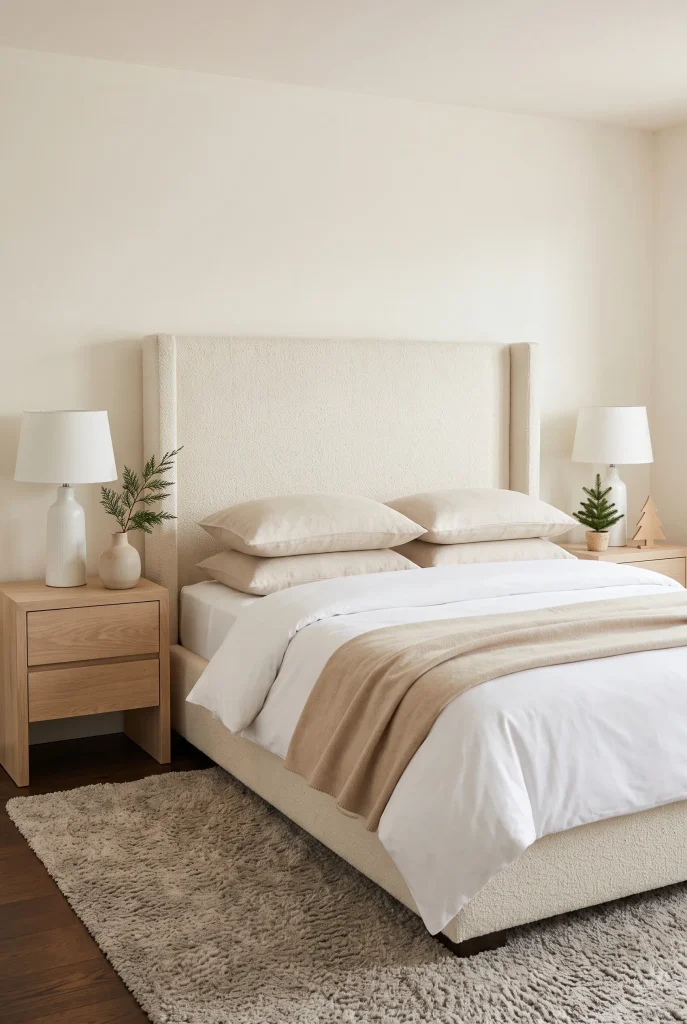 Minimalist Christmas bedroom with white bedding, neutral throw, and simple evergreen accents