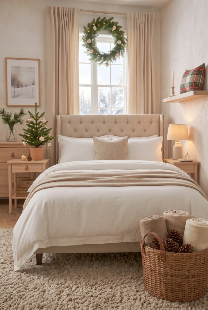 Minimalist Christmas bedroom with a simple wreath, small tree, and neutral decor