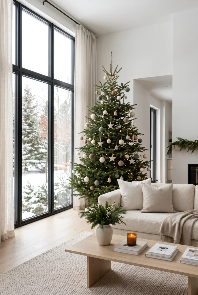 Modern Christmas living room with evergreen tree beside large windows