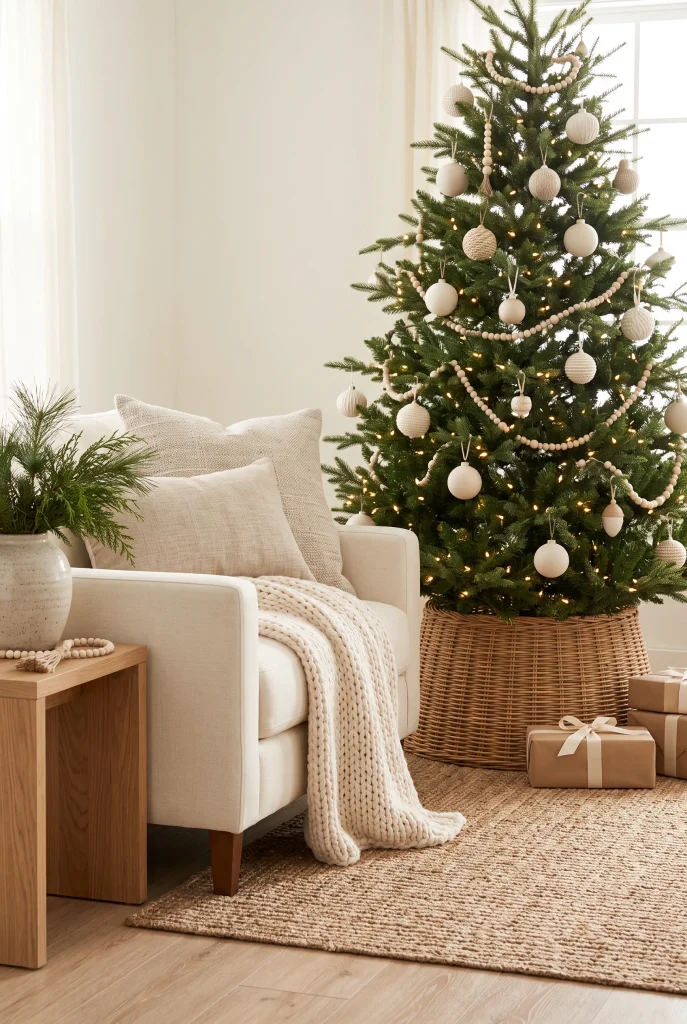 Christmas tree in a woven basket with ivory ornaments and natural wood accents