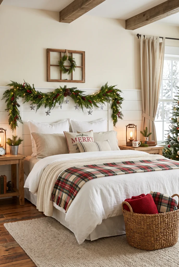 Rustic Christmas bed with wood headboard, plaid blanket, and greenery