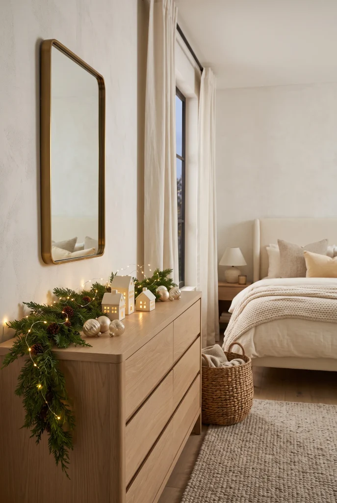 Bedroom dresser styled with evergreen Christmas garland and neutral ornaments
