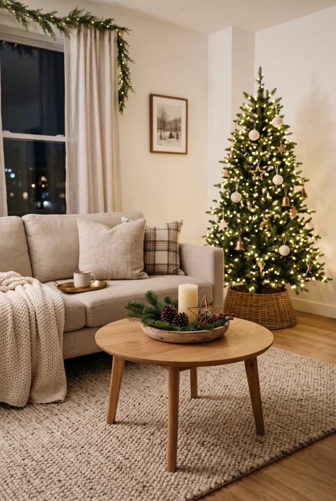 Round coffee table decorated with a simple evergreen Christmas centerpiece