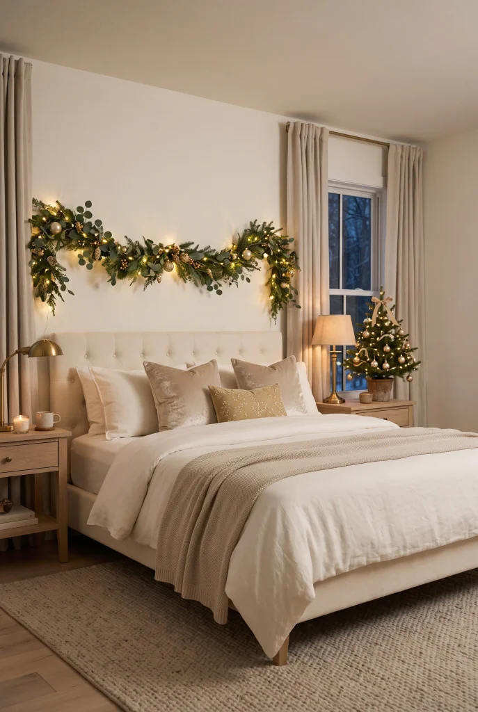 Elegant Christmas bedroom with champagne ornaments, brass accents, and ivory bedding