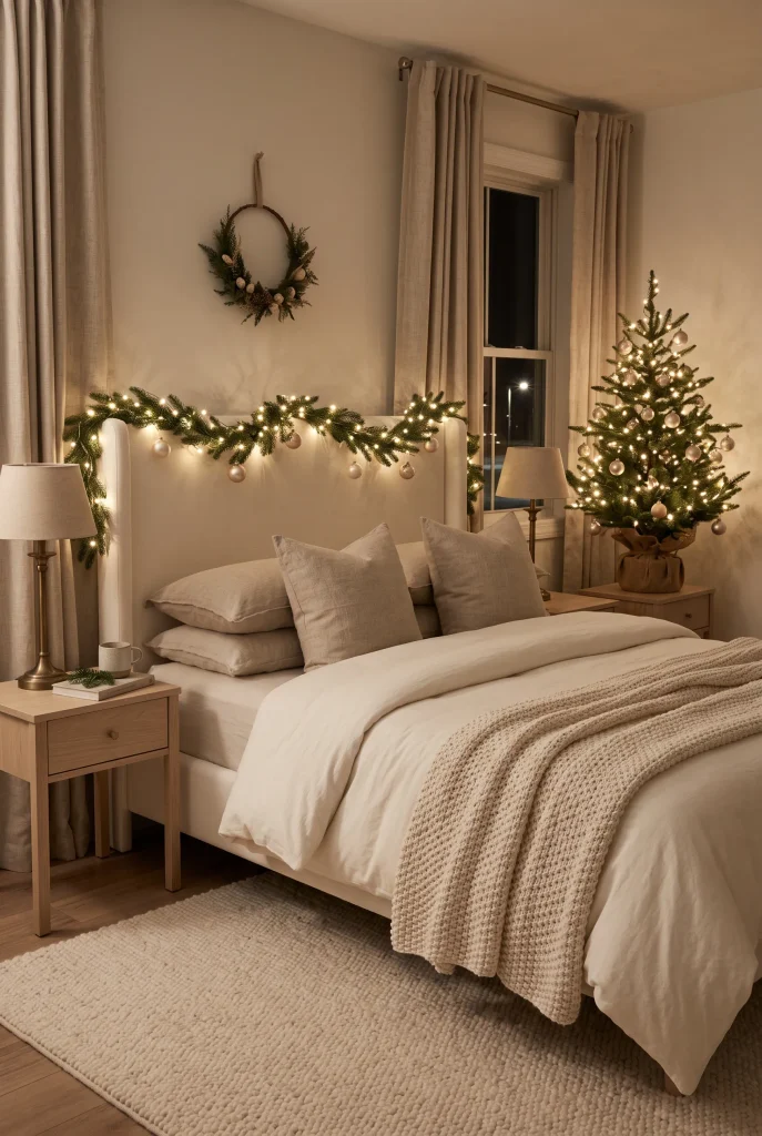 Neutral Christmas bedroom glowing with warm white holiday lights