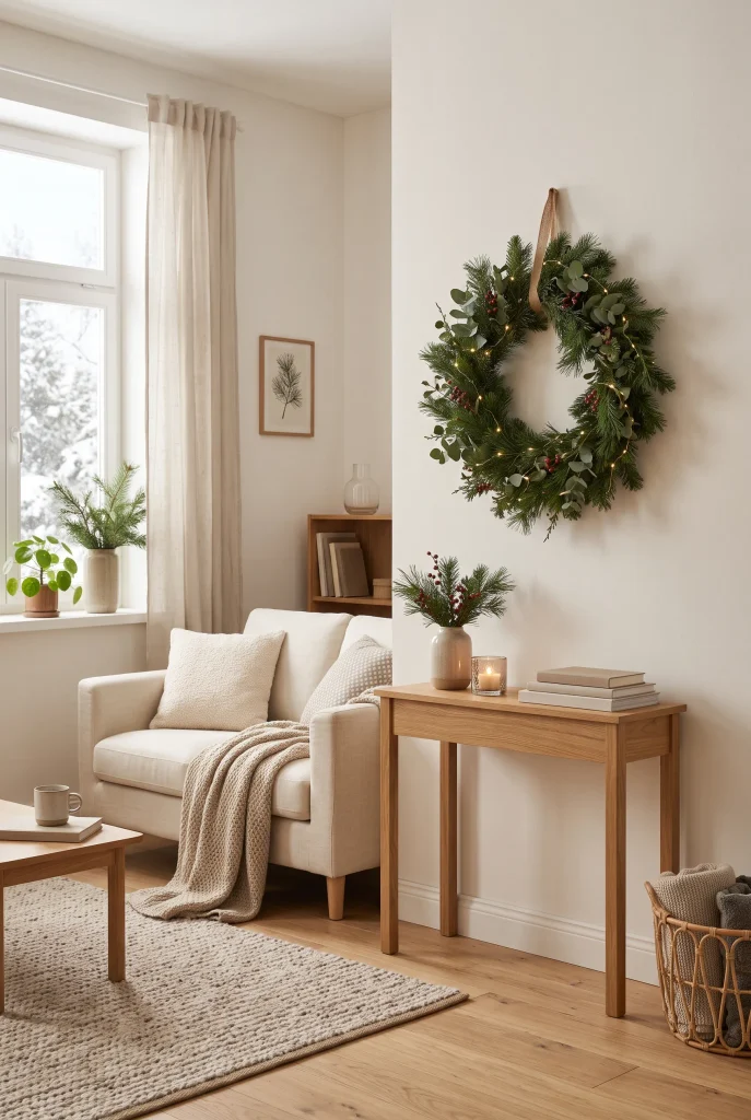 Indoor Christmas wreath hanging above a compact living room console