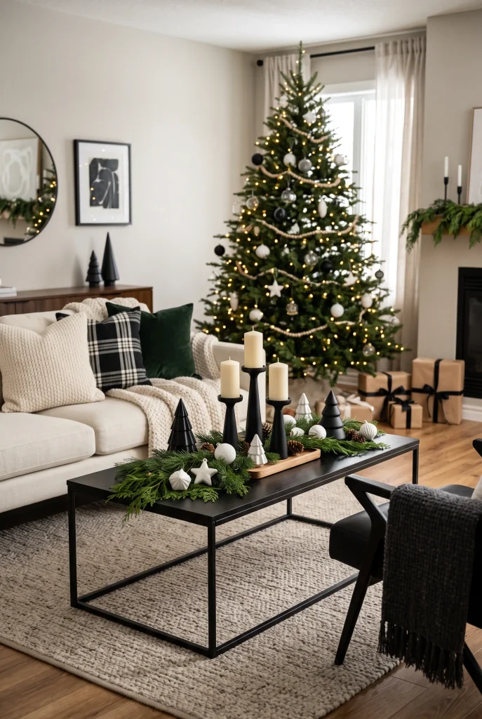 Modern black, white, and green Christmas coffee table decor