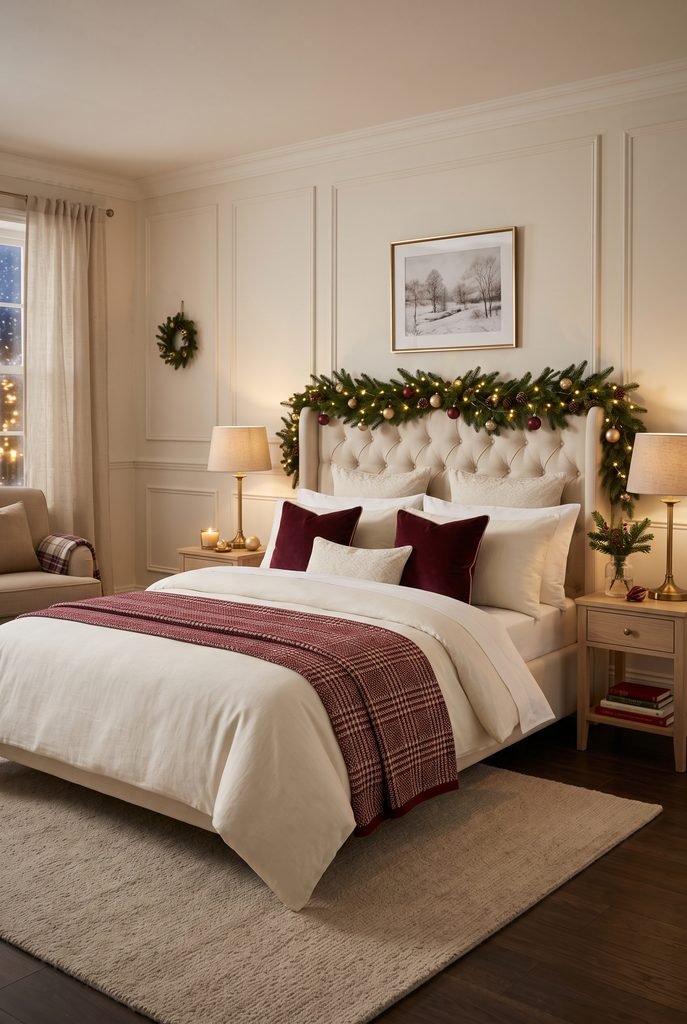 Christmas bedroom with a festive burgundy and cream bed runner across layered bedding