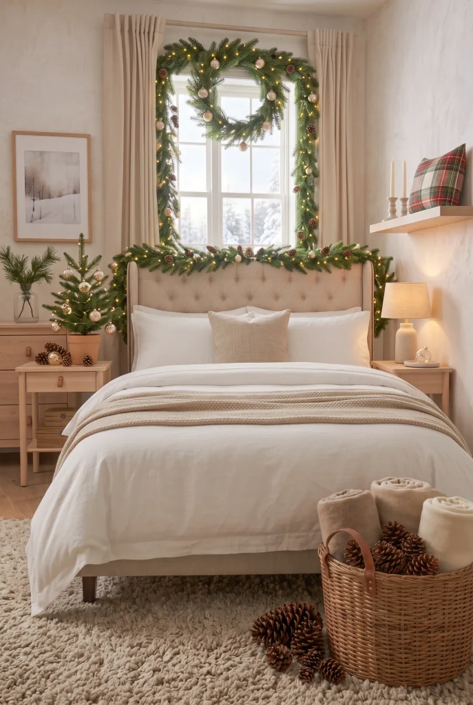 Christmas bedroom window decorated with evergreen garland and warm white lights