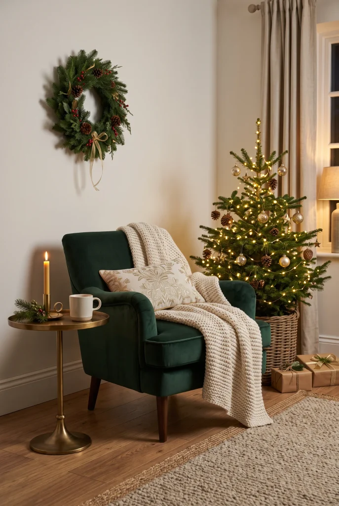 Forest green velvet chair styled in an elegant Christmas living room corner