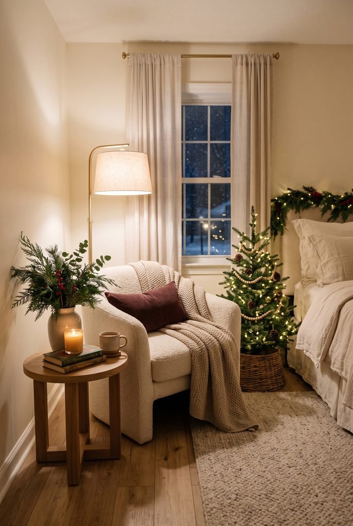 Cozy Christmas bedroom reading corner with cream armchair, knitted throw, greenery, and small tree
