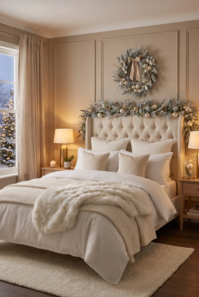 Elegant white Christmas bed with ivory bedding and subtle gold decorations