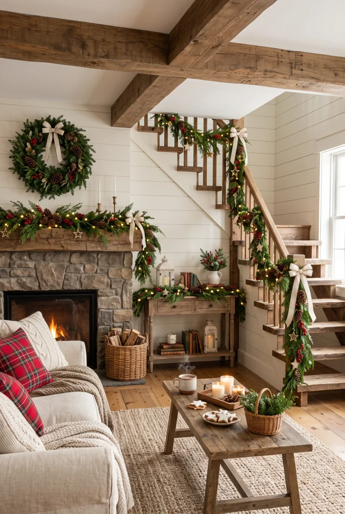 Farmhouse Christmas living room with evergreen garlands layered across the room