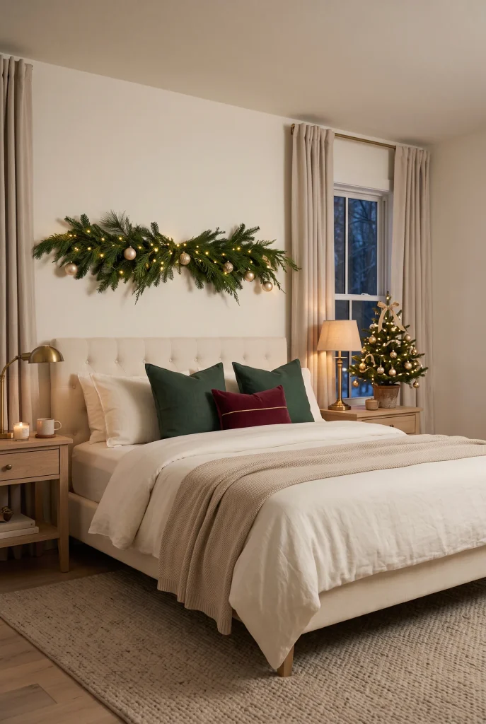 Christmas bedroom with evergreen branches hanging above a cream upholstered bed