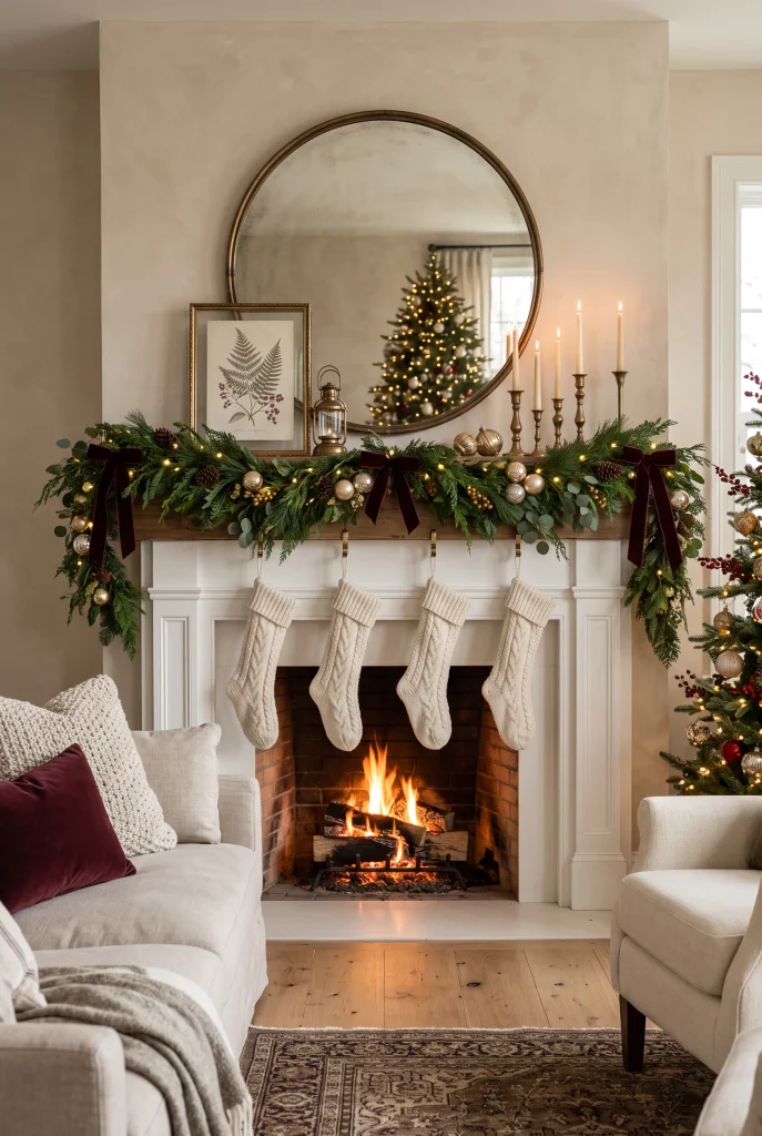 Layered mirror Christmas mantel with evergreen garland, artwork, brass candleholders, and stockings