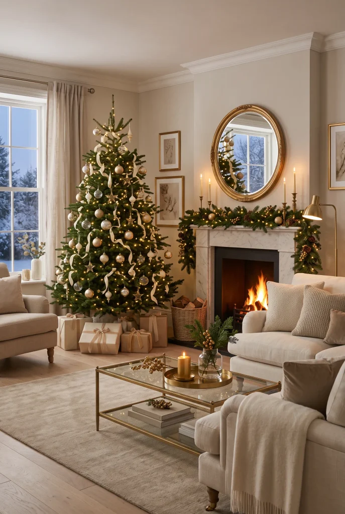 Elegant Christmas living room with gold ornaments, brass accents, and greenery