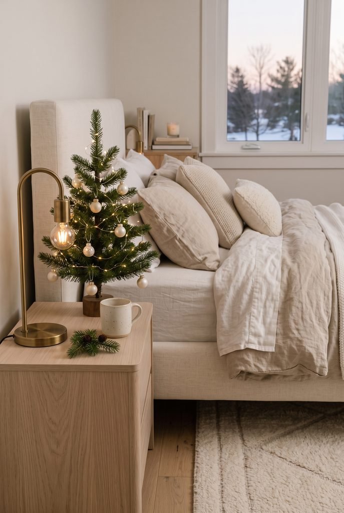 Miniature Christmas tree with warm lights on a bedroom nightstand